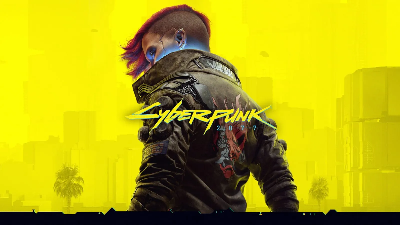 Cyberpunk 2077 logo with female character V against Night City's yellow-tinted backdrop
