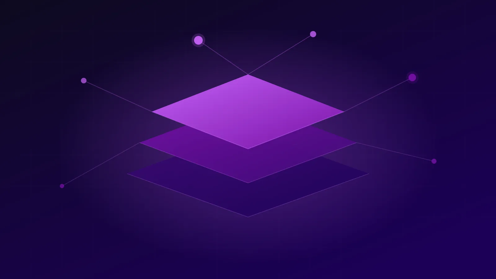 Abstract illustration of three stacked violet platform layers connected to orbiting nodes on a dark background.