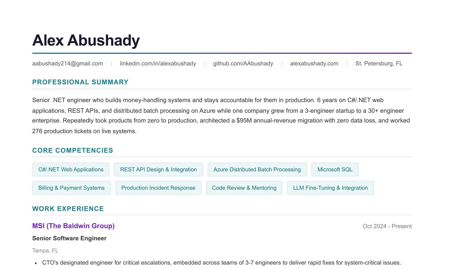 Screenshot of Alex Abushady's resume.