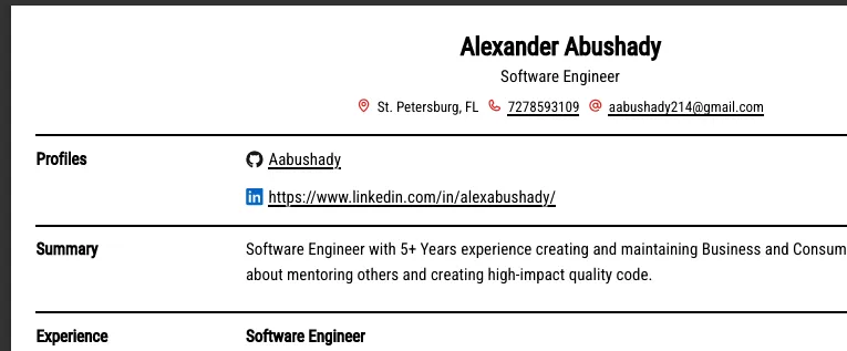 Screenshot of Alex Abushady's resume.