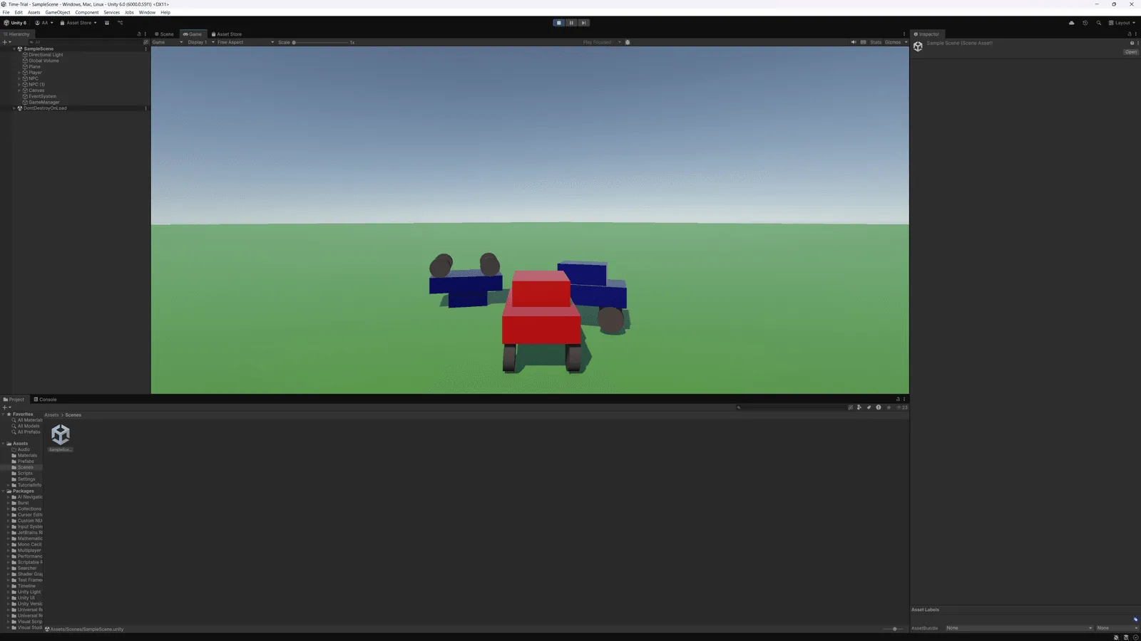 Unity editor showing the Time-Trial prototype, a red block car with wheels facing two blue NPC cars on a green field